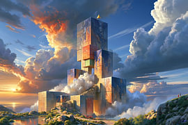 Surrealist Painting: Tower of Blocks with a Golden Top