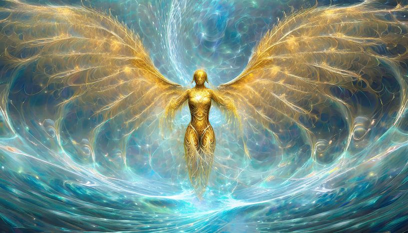 Goldener Engel mit langen Flügeln, der im Wasser läuft von Giel Ketting