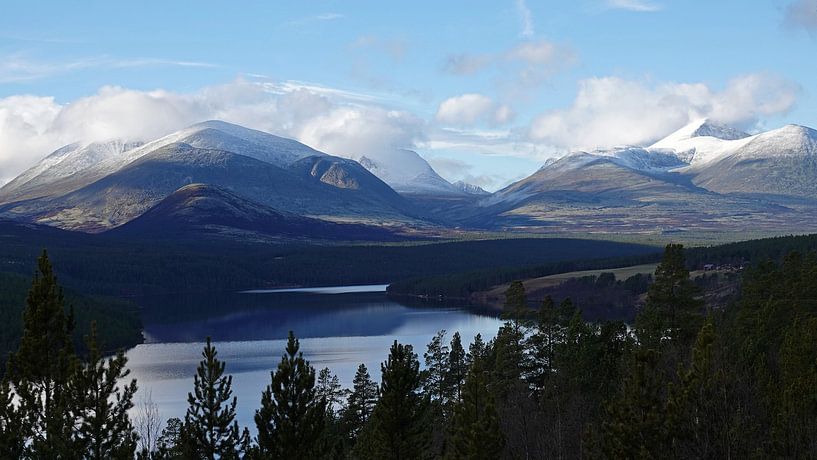 Snow-capped mountains of Rondane near Lake Atnsjoen in Norway by Aagje de Jong