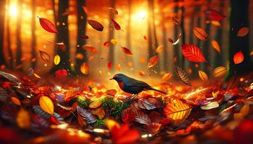 Herfstdans: merel in een werveling van vallende bladeren van artefacti