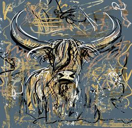 Abstract kunstwerk van een schotse hooglander in graffiti stijl van Emiel de Lange