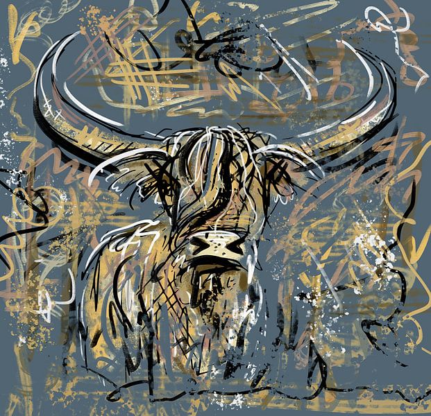 Abstract kunstwerk van een schotse hooglander in graffiti stijl van Emiel de Lange