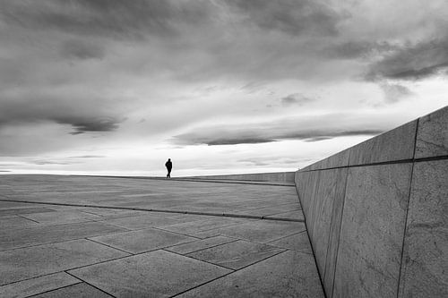 Noorwegen, Oslo, man met hoed op het dak van het opera gebouw