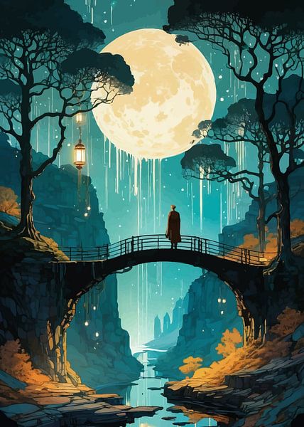 Mann, der auf einer Brücke unter dem Mond steht von MIROKKU