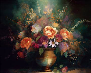 Arrangement de fleurs dans des couleurs chaudes avec de l'or 3 sur Pieternel Fotografie en Digitale kunst