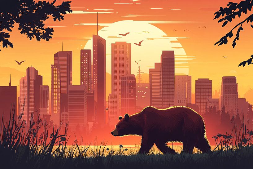 Bear in cityscape at sunset by Imperial Art House