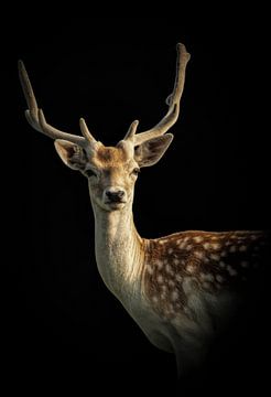 Deer: portrait of a deer with black background by Marjolein van Middelkoop