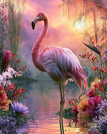 Flamant rose et fleurs tropicales