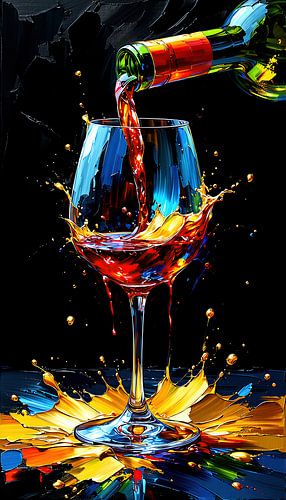 Un verre à vin entre l'éclat de l'or liquide, les éclaboussures de rubis et la poésie de l'instant.