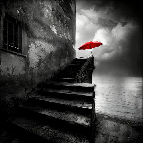 De rode paraplu in een magisch landschap