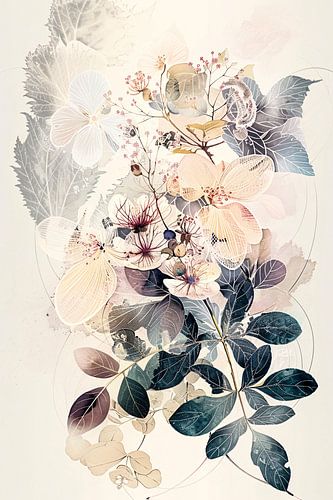 Art botanique avec des fleurs et des feuilles