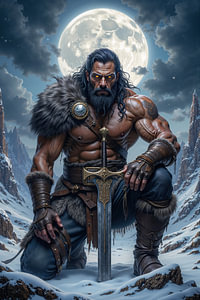 Dark Fantasy Wandbild: ULFGAR – Der dunkle Krieger mit seinem Schwert im ewigen Eis