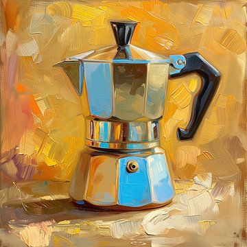 Koffie - Percolator - geel oker zilverkleurig schilderij