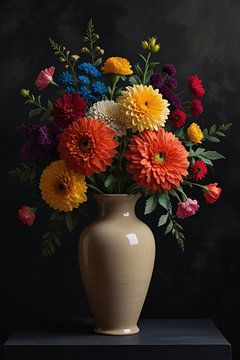 Nature morte au vase et aux fleurs colorées sur De Muurdecoratie