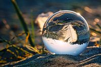 Glass ball on the beach of Zingst. A feather is reflected in the ball.
