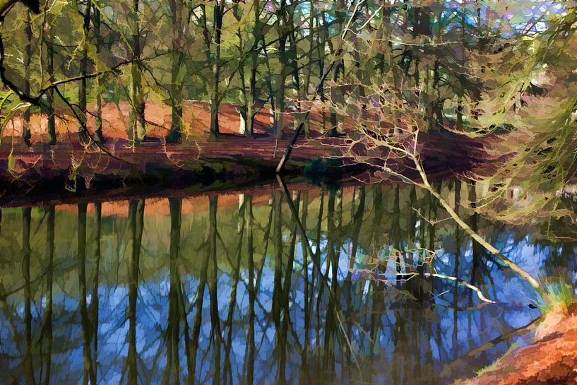 Bomenrij, reflecterend in het water.  van Robert Wiggers