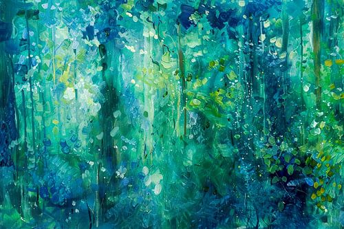 Abstract schilderij in turquoise en groen - Frisse natuurimpressie met bladeren