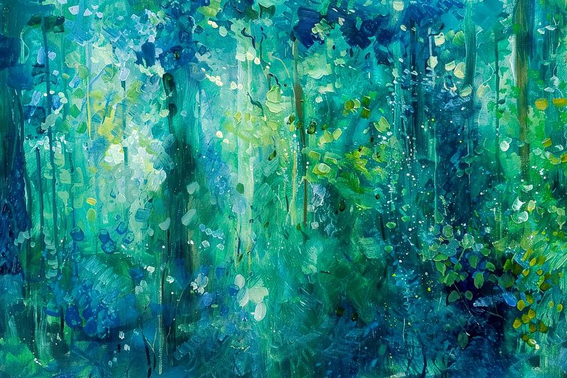 Abstract schilderij in turquoise en groen - Frisse natuurimpressie met bladeren van Joriali Abstract
