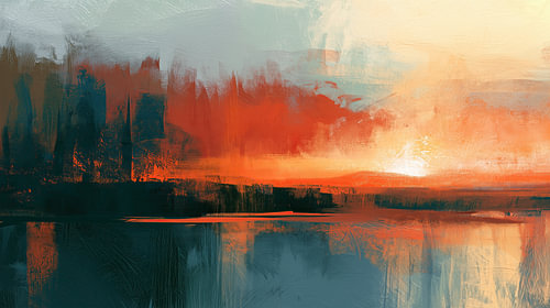 Abstract sunset, water reflection, orange panorama