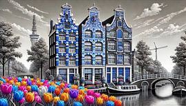 Tulips on the Canal - Delft Blue Cityscape by Kleurenrijk