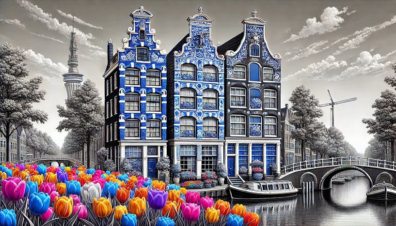Tulpen aan de Gracht – Delfts Blauw Stadsgezicht van Kleurenrijk