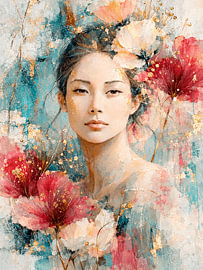 Femme élégante avec des fleurs - Teintes pastel chaudes rehaussées d'or