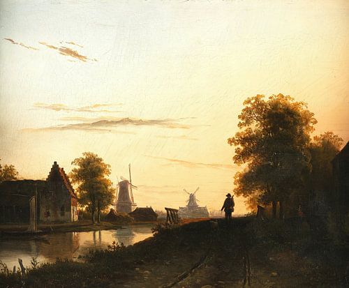 Nederlands Rivierlandschap in Avondlicht, Charles Leickert