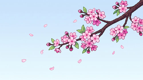 Pixel-Art-Zweig mit Kirschblüten und herabfallenden Sakura-Blütenblättern
