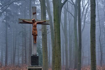 Kruis met Jezus in het mistige bos bij Kasteel Hillenraad van Epic Photography