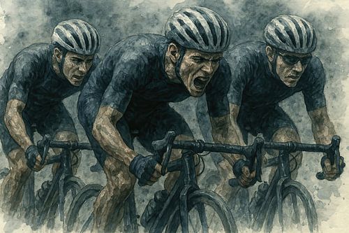 De laatste kilometers (wielrennen team strijd kracht focus stoer jongensdroom tour de France teamwork groep close-up)