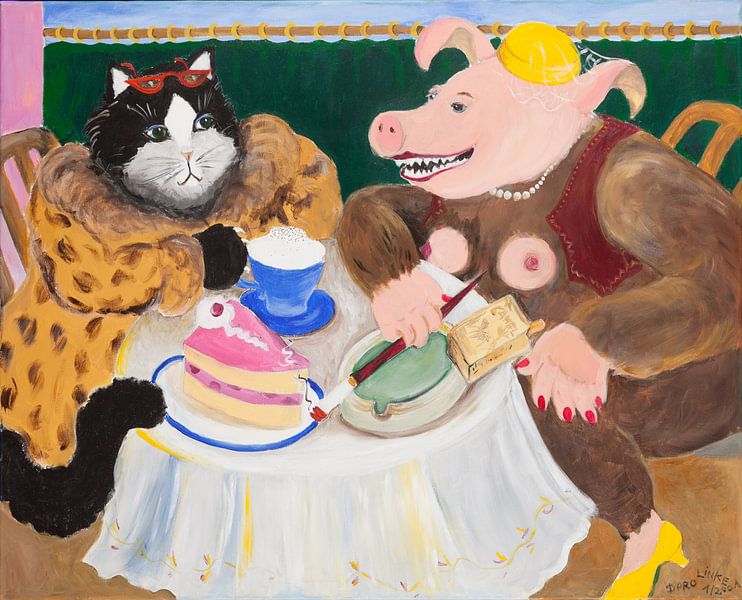 Pig bitch with friend in café by Dorothea Linke