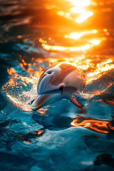 Delfin springt ins glühende Wasser von Poster Art Shop