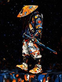 Leistungsstarke Cyber Ninja Neon Palette Messer Impasto Portrait von Ramy Salah Hefny