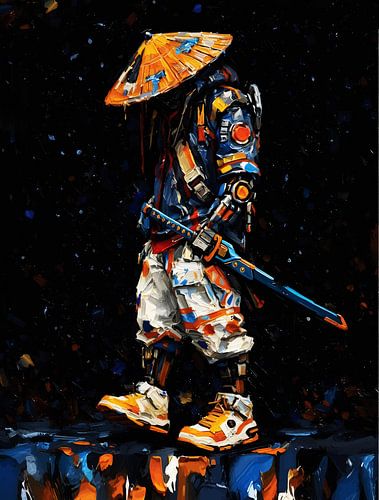 Leistungsstarke Cyber Ninja Neon Palette Messer Impasto Portrait