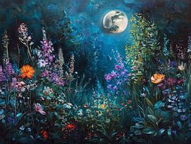 A Luminous Nocturne of Enchanted Flora under the Full Moon’s Gaze by Artistic