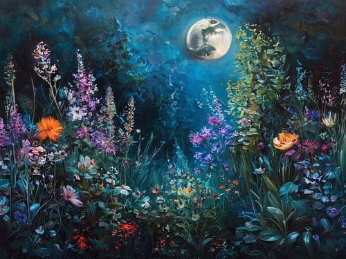 Een stralende nocturne van betoverende flora onder het licht van de volle maan