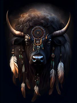 Power Animal Buffalo with Feathers, Indian by Creavasis