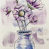 Veldbloemen in vaas - waterverf bloemen in blauw met lila van Emiel de Lange