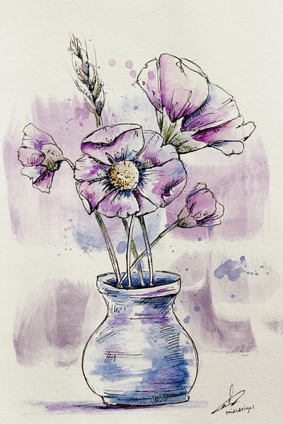 Veldbloemen in vaas - waterverf bloemen in blauw met lila van Emiel de Lange