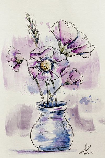 Veldbloemen in vaas - waterverf bloemen in blauw met lila