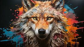 Gemälde eines Wolfsgesichtes mit bunten Farbspritzern
