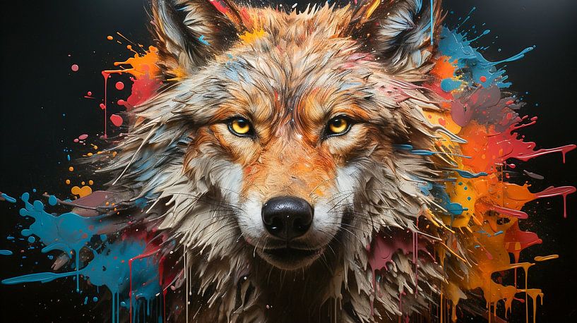 Peinture d'un visage de loup avec des éclaboussures de peinture colorée par Animaflora PicsStock