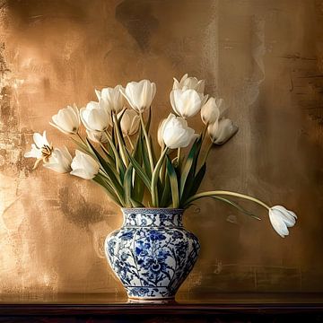 Witte tulpen  in het goud - stilleven van Vlindertuin Art
