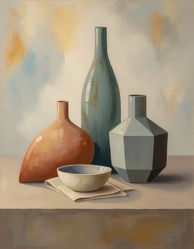 Tableau peint représentant une nature morte harmonieuse avec des bouteilles abstraites, sous forme de reproduction artistique sur toile
