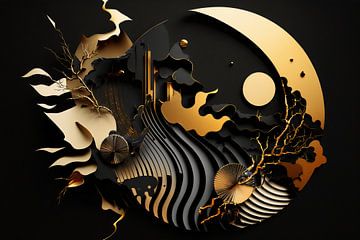 Abstract digital painting gold black as circle by Digitale Schilderijen