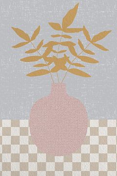 Minimalistische retro stilleven met bladeren in een vaas. Aardetinten, roze, beige, wit en grijsblau van Dina Dankers