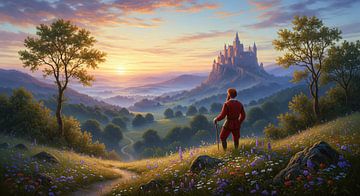 Homme avec bâton de marche surplombant un paysage de château au coucher du soleil