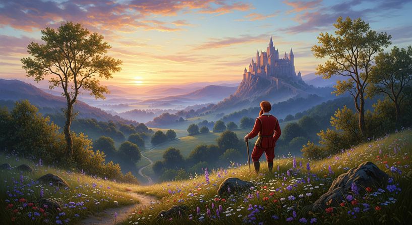 Homme avec bâton de marche surplombant un paysage de château au coucher du soleil par Markus Gann