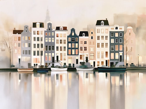 Amsterdam canal-side houses with boats moored at the water’s edge