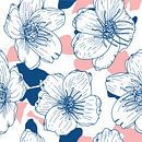 Blumen im Retro-Stil. Moderne abstrakte botanische Kunst. Pastellfarben rosa und dunkelblau von Dina Dankers Miniaturansicht